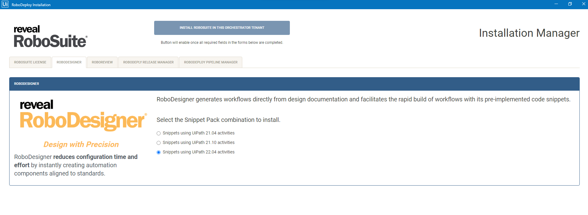 RoboSuite Install Wizard RoboDesigner Screen