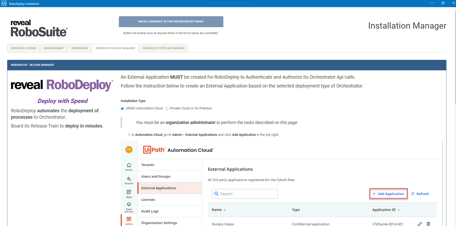 RoboSuite Install Wizard UiPath External Application Screen