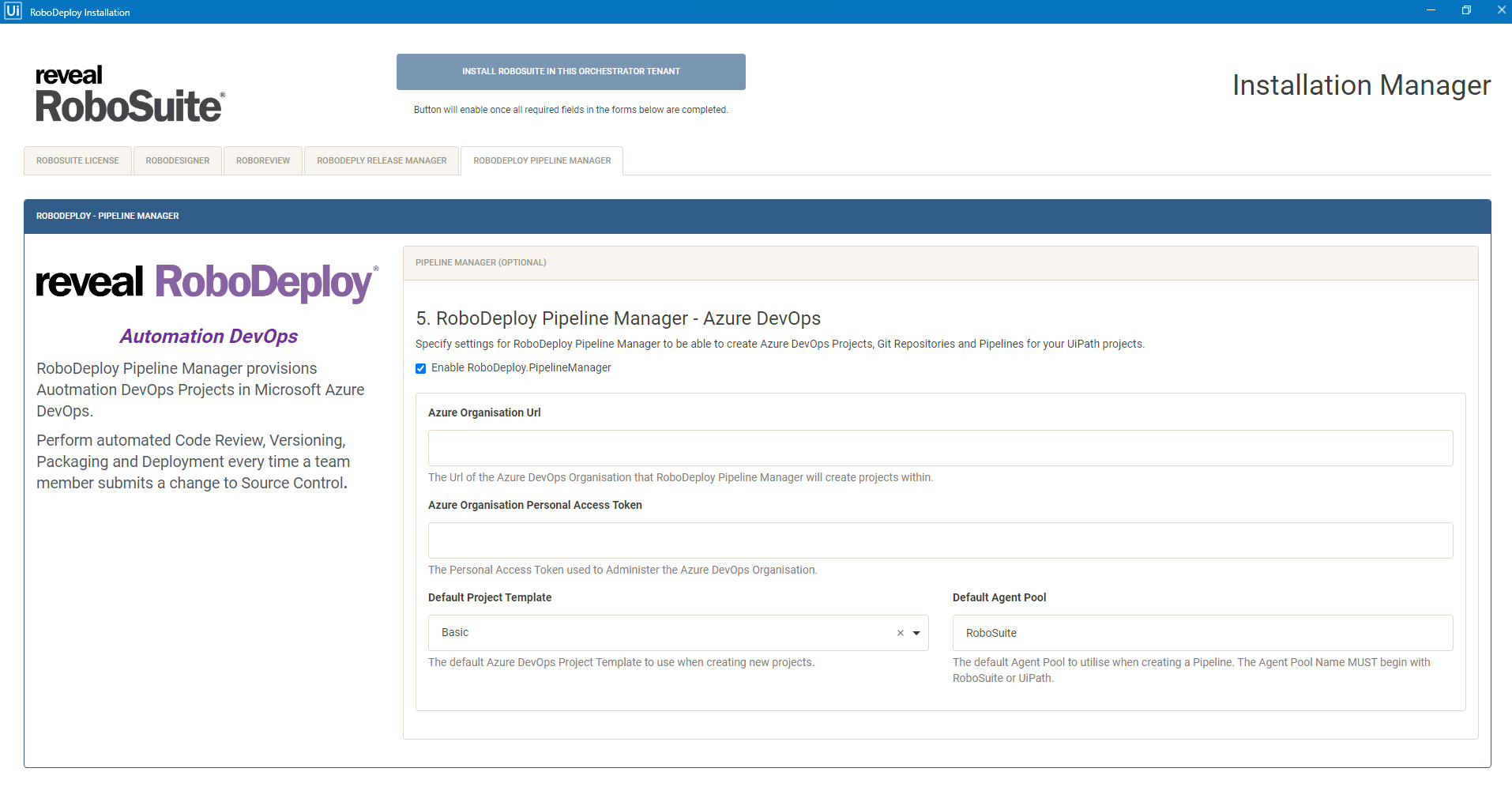 RoboSuite Install Wizard UiPath Pipeline Manager Screen