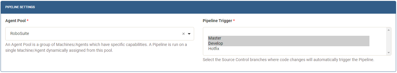 RoboDeploy Pipelie Manager DevOps Pipeline Settings