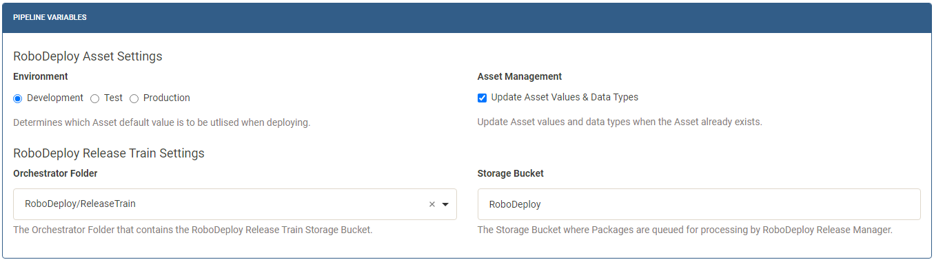 RoboDeploy Pipelie Manager DevOps Pipeline Variables